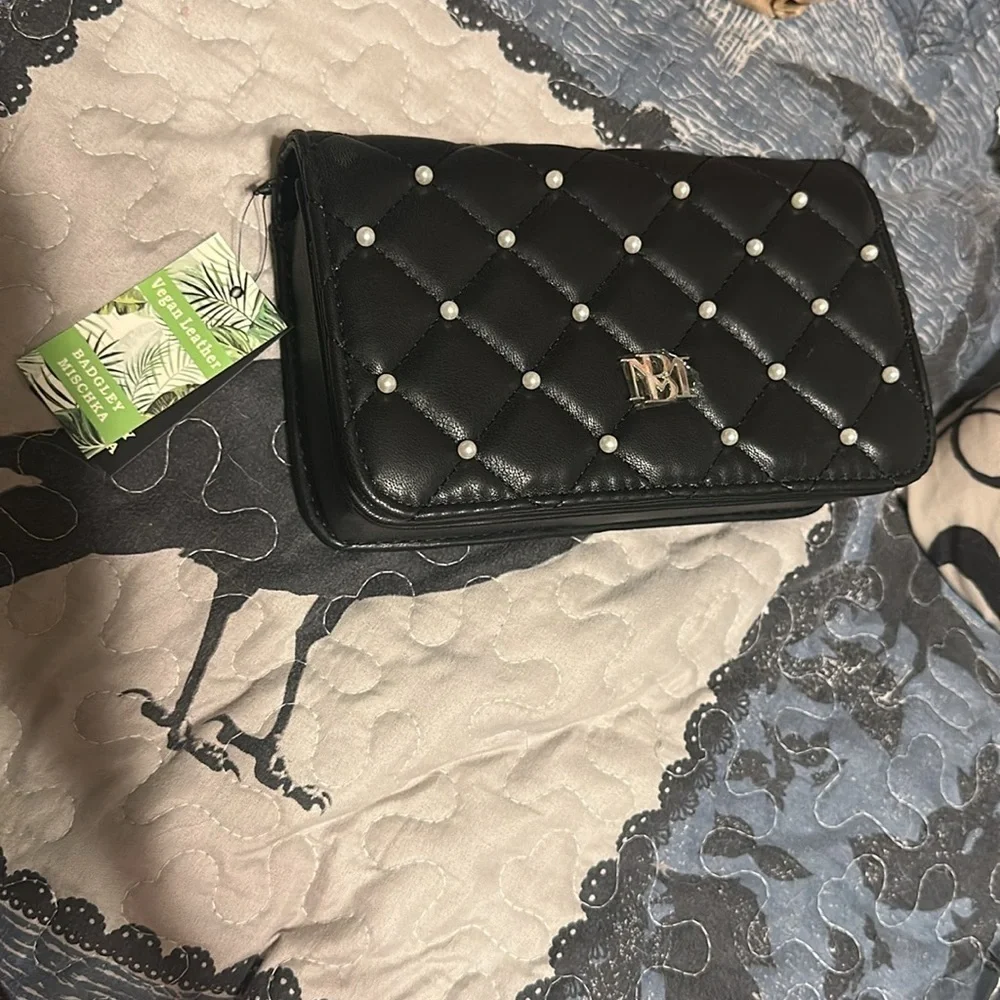 Badgley Mischka diamond quilted cross body with pearls black